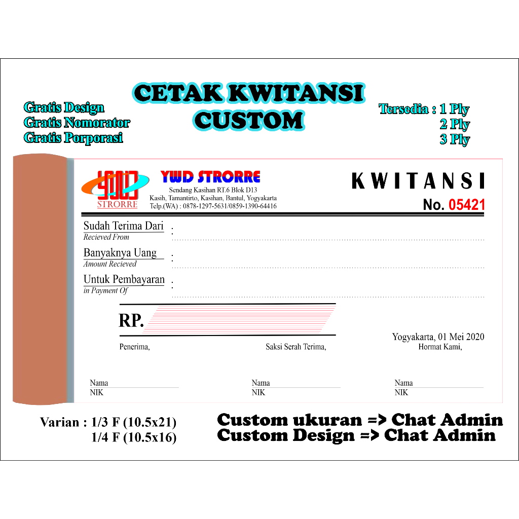

KWITANSI CUSTOM 1Ply/2Ply/3Ply Uk 1/4 Folio& 1/3 Folio