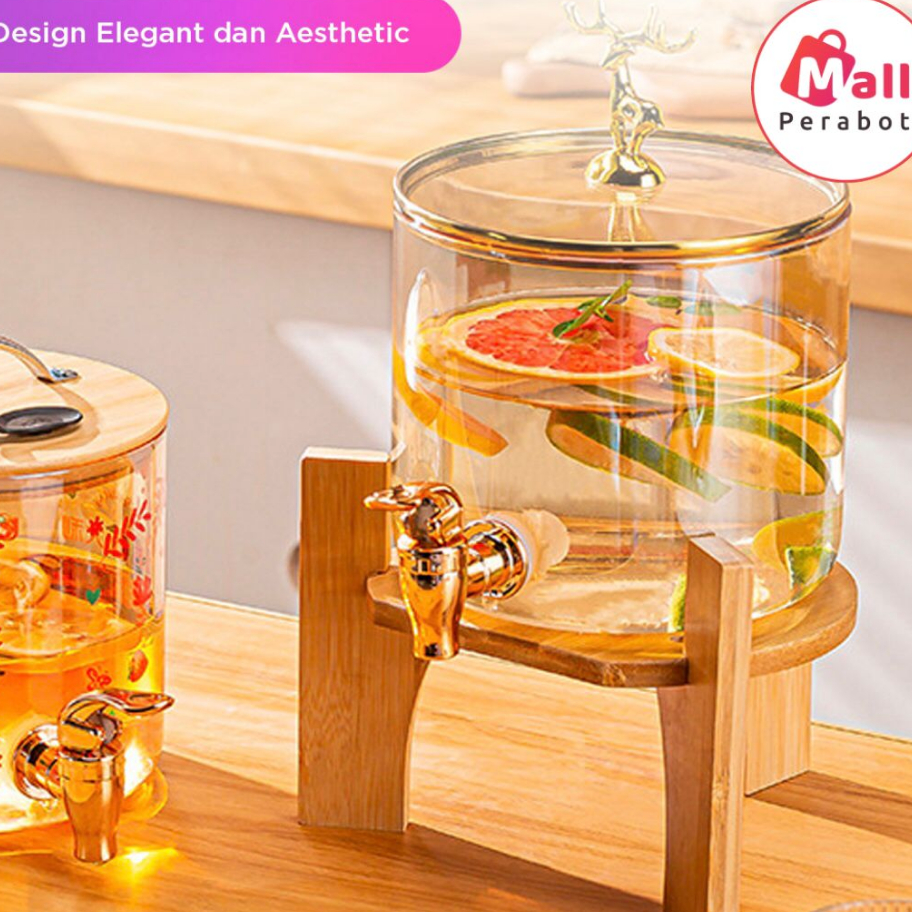 ➷➷✻✫ Mall Perabot | Dispenser Air Kaca | Ketel Air Dingin Kaca dengan Tatakan Kayu | Tempat Minuman 