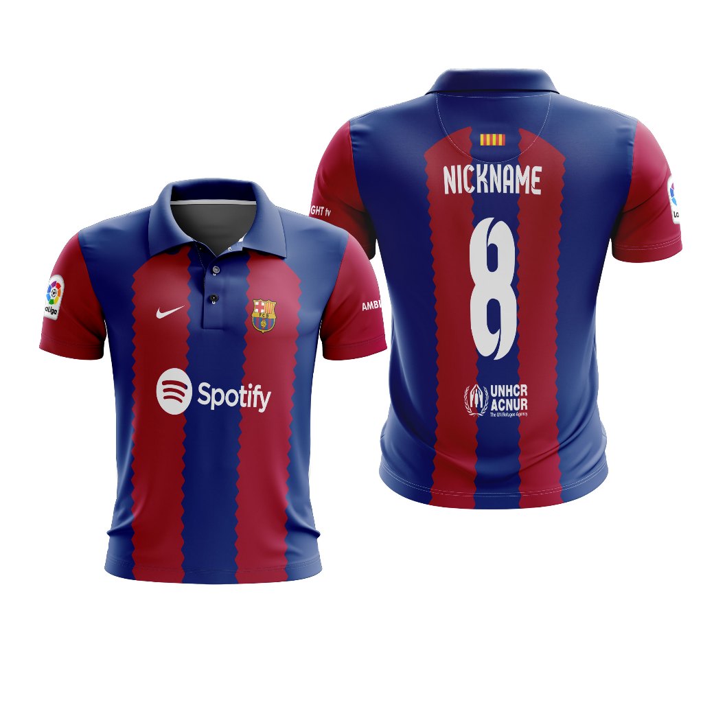 GAMEPLAN - Kaos T-Shirt Polo Wangky Barcelona Home 2023 Olahraga Sepak Bola Custom Full Print