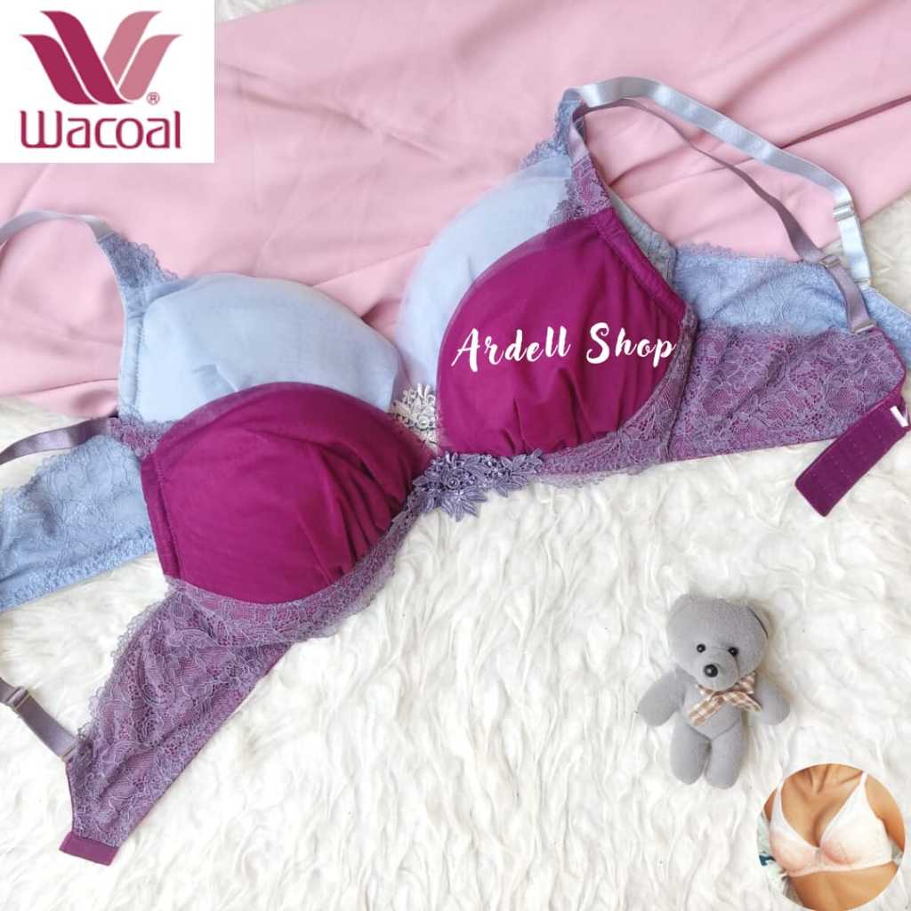 Wacoal Bra Wanita Renda Elegan Tanpa Kawat 32B 32C - Ungu & Biru Muda Lembut - ETR