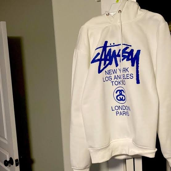 STUSSY World Tour With Blue Text White Hoodie - ORI