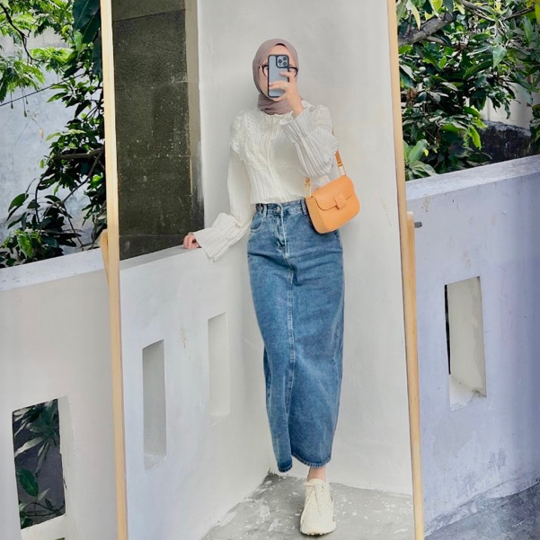 ROK JEANS SKIRT PANJANG / ROK SPAN JEANS / ROK CARGO / rok jeans belah depan