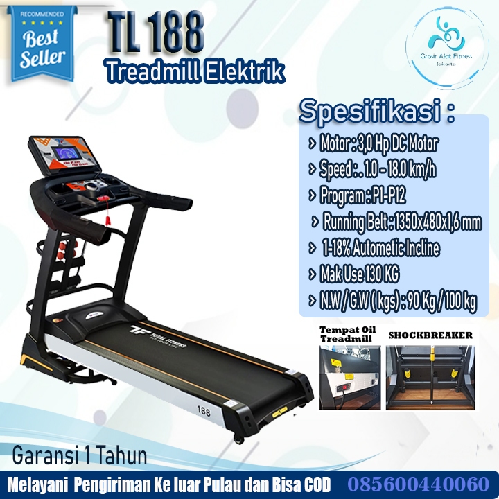 Rekomendasi Treadmill Elektrik running belt Luas TL 188 HP Auto Incline  Alat FItness rumahan