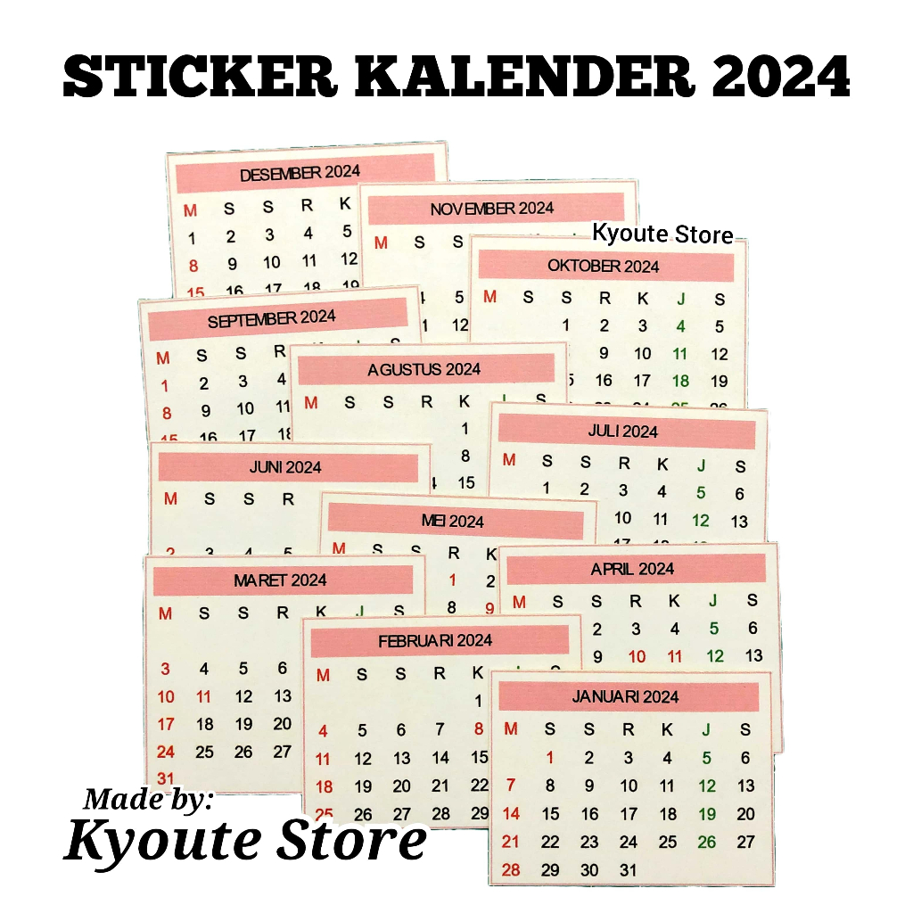 

12 pcs Sticker Mini Kalender Tahun 2024 Calendar Kyoute Stiker Kertas Bisa Dicoret Journal Scrapbook