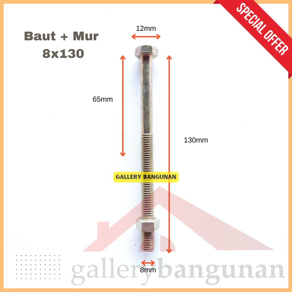 Baut Mur M8x130 Kuning Kunci 12 Panjang 130mm 130 mm 13cm 13 cm Hexagonal 8x130