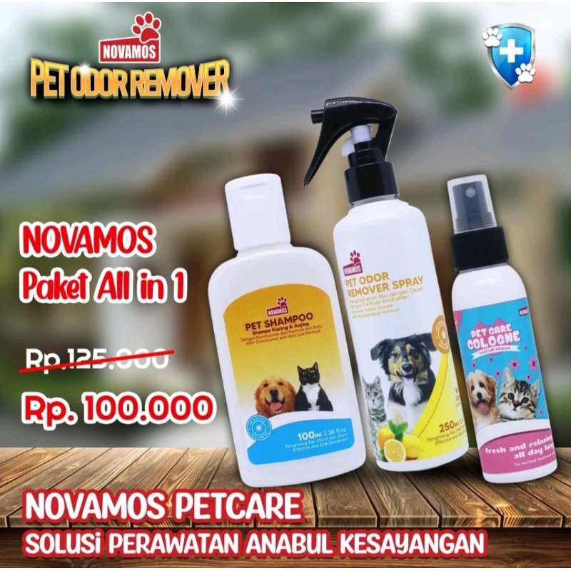 Bundling Novamos Paket 3in1 Odor Remover Sampo Pet Care Collogne Parfum Grooming Kucing Anjing Hewan