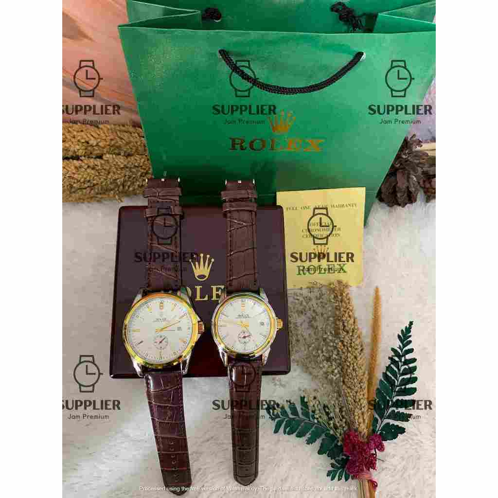 PROMO Jam Tangan Rolex Couple Automatic ( Pria & Wanita ) Tali Kulit Free Box Kayu, Paperbag & Kartu