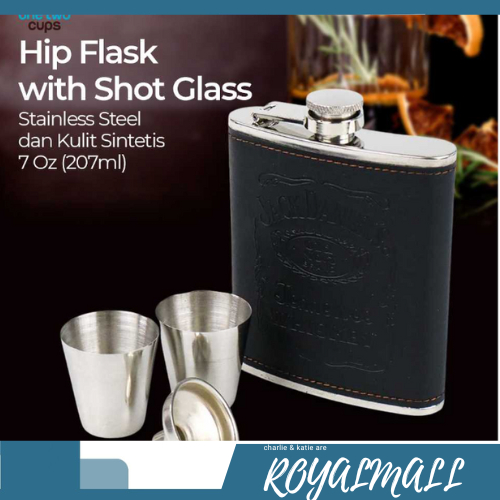 Botol Bir Hip Flask Stainless Leather 7Oz with Shot Glass / Botol Tempat Minuman Keras Wine Bir Whis