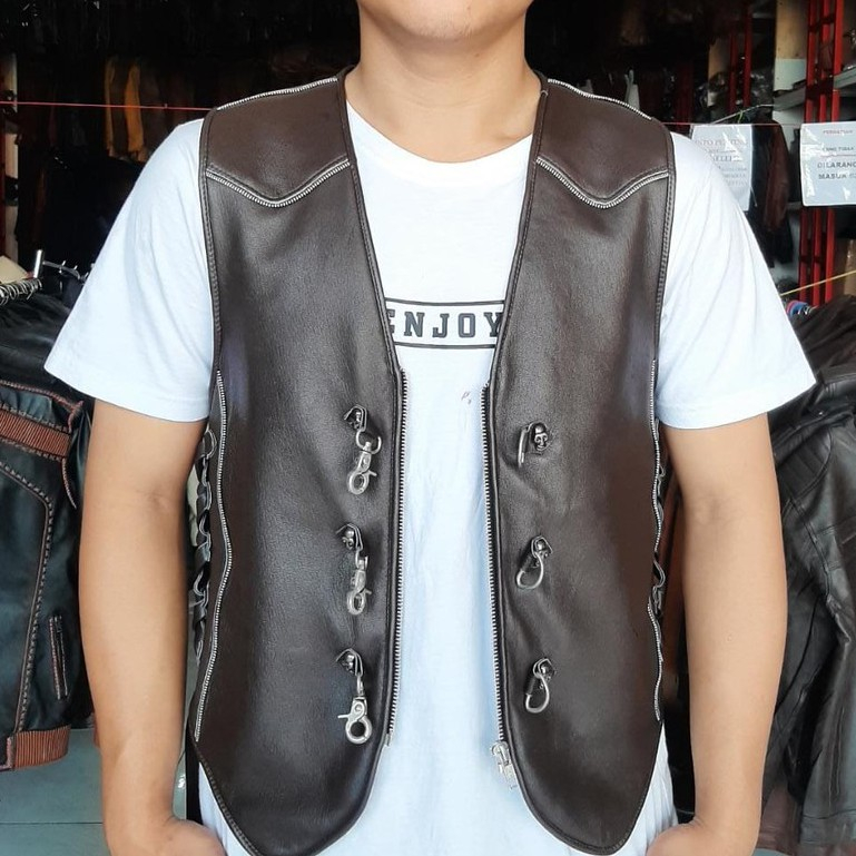 Jaket rompi pria motor touring bikers kulit asli