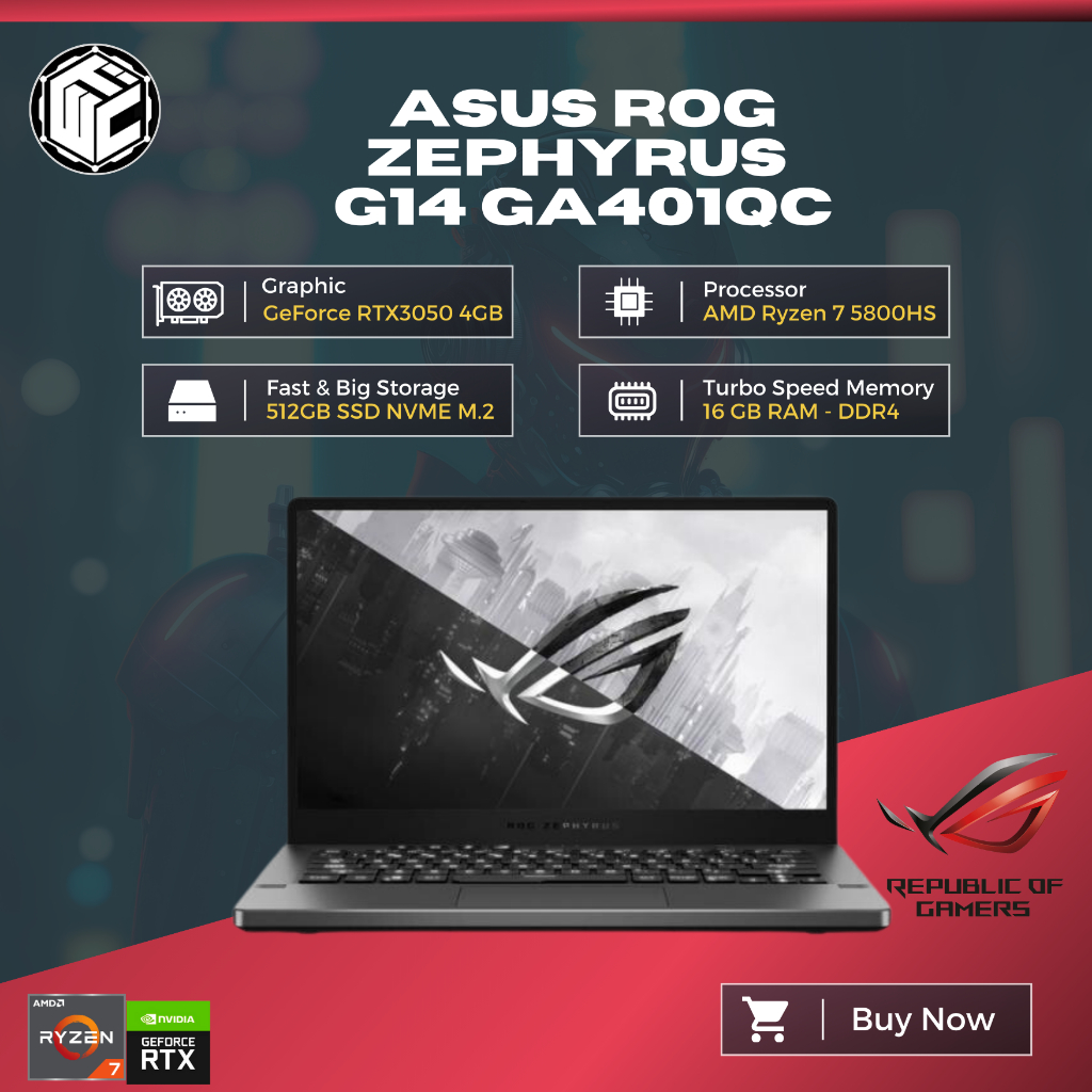 Laptop ASUS ROG ZEPHYRUS G14 GA401QC RYZEN 7 5800HS 8GB 512GB RTX3050 4GB Bergaransi Resmi