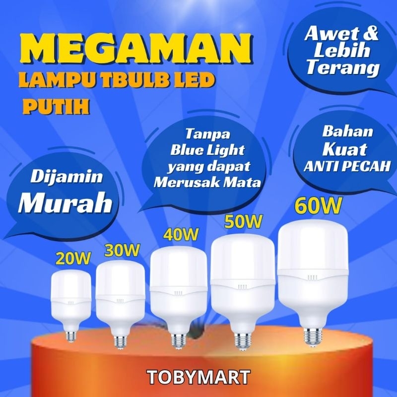 Lampu LED MEGAMAN Tblub kotak Bohlam Putih 20W 30W 40W 50W 60W