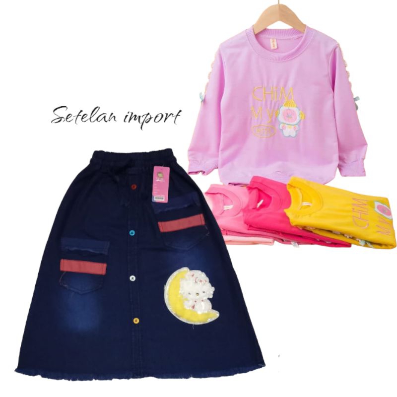 set anak perempuan / rok jeans / setelan anak perempuan lengan panjang / kaos sweater import