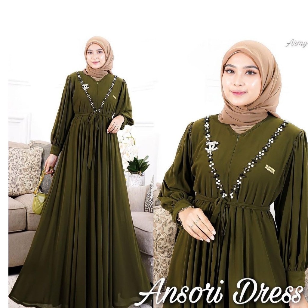 Ansori Dress Kondangan Gamis Wanita Kekinian Busui Friendly Gaun Pesta Muslimah Ceruty Babydoll Akse