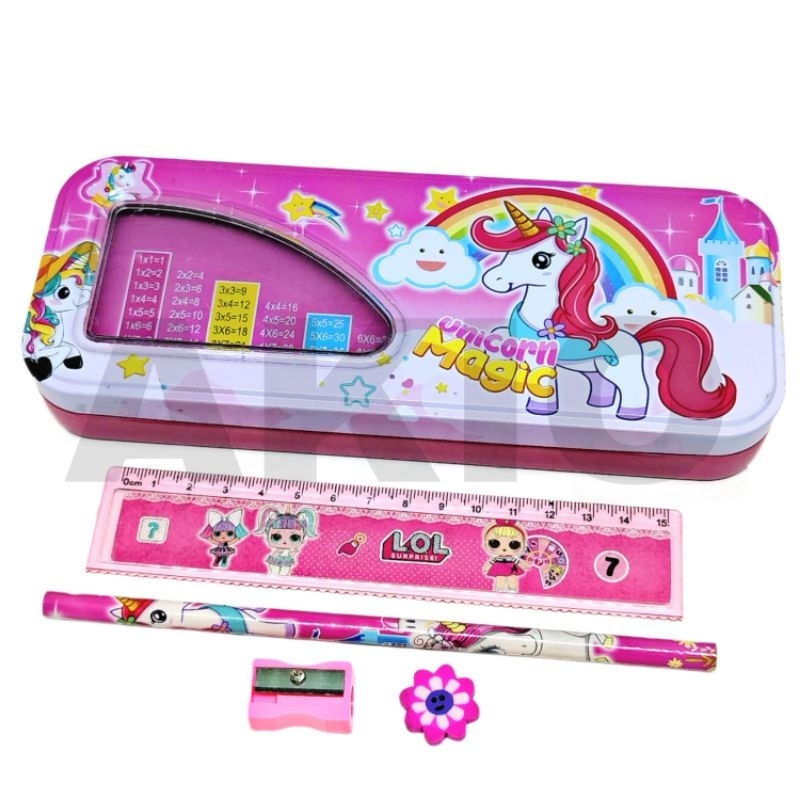 

Tempat Pensil Anak Set Alat Tulis 2 Susun Karakter UNICORN PONY PEGASUS Kaleng Besi K-658