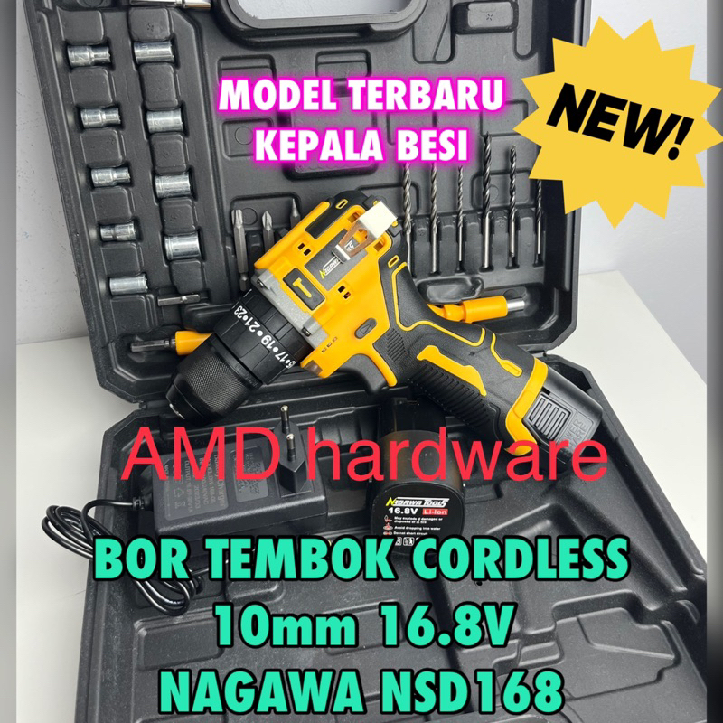 NAGAWA NSD168 Mesin Bor Baterai 16V Cordless Drill 10mm SET NSD-168 + Mata Bor Batere Charger 16,8v