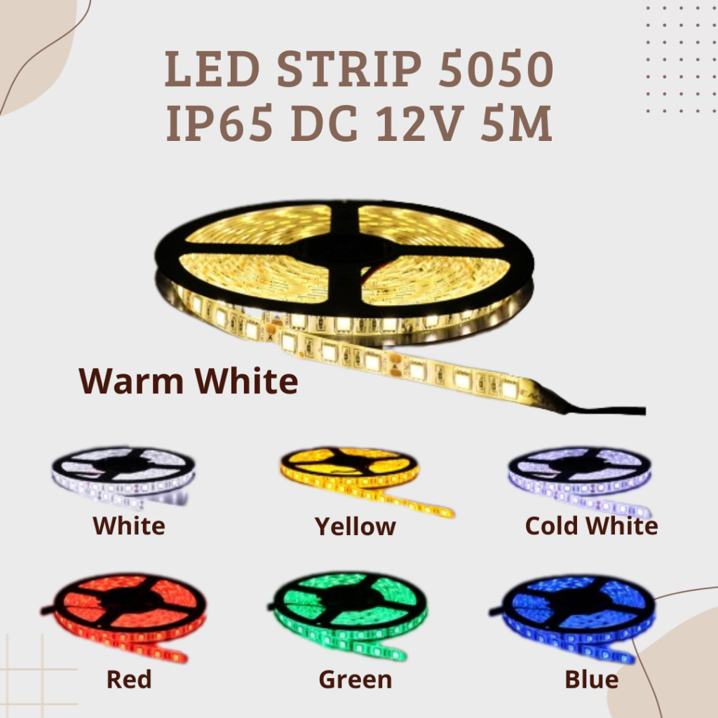 LED STRIP 5050 IP65 DC 12V 5M WATERPROOF LAMPU PLAFON LAMPU ETALASE TAHAN AIR LAMPU LED STRIP SMD 50