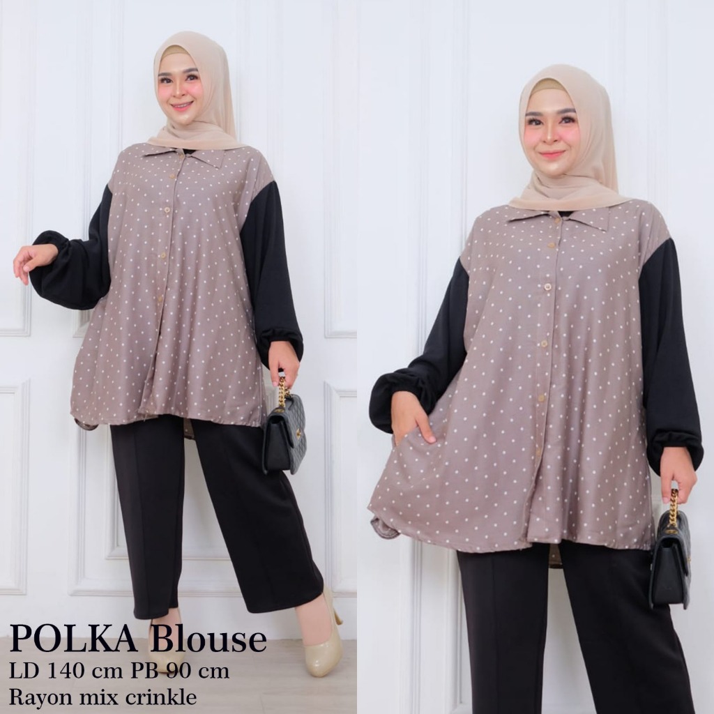 Kemeja Polkadot Atasan Wanita Blouse Tunik LD 140 Muat Bb 100 120 Bahan Crinkle Airflow Rayon Lembut