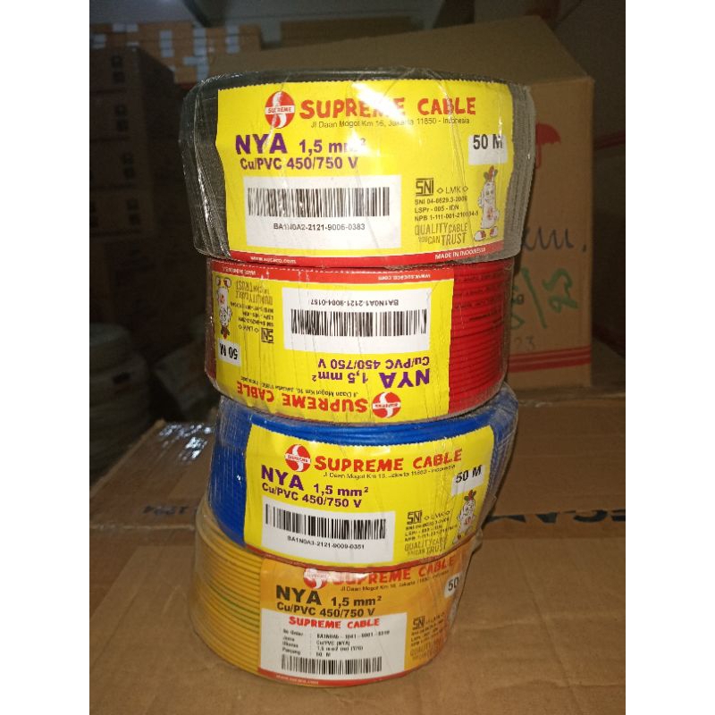 Tembaga Kawat Kabel Tunggal NYA 1x1,5 1.5mm Supreme 50 meter Full, Kabel Nya 1,5mm