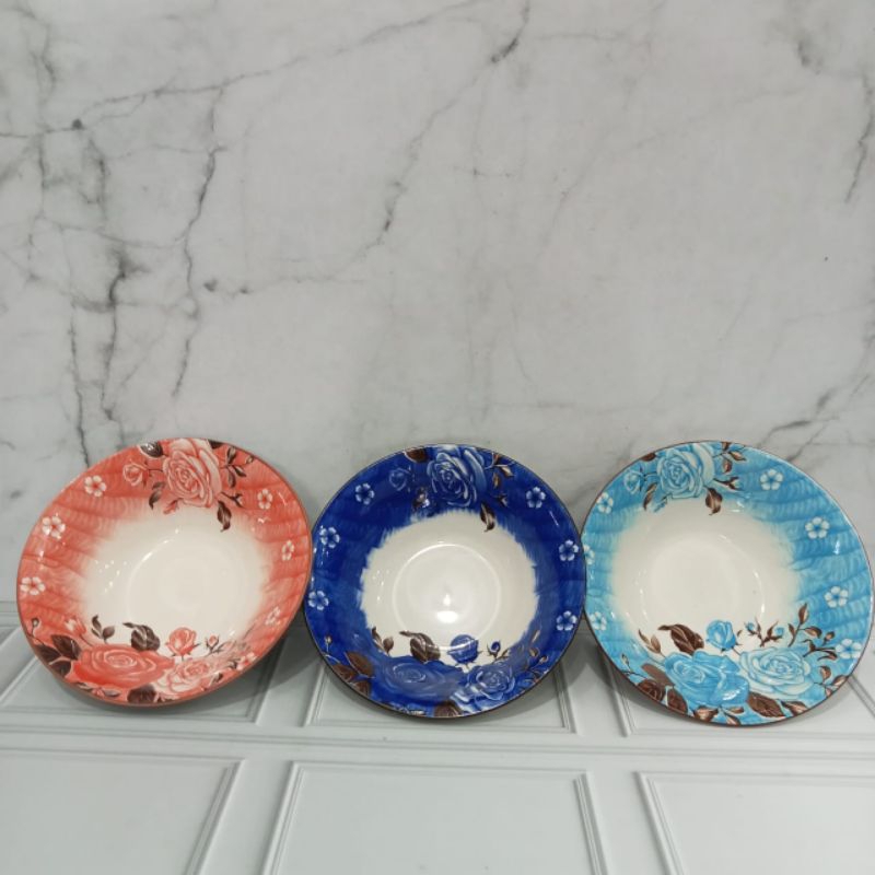 MANGKOK SALAD 7 BIRU T/ MANGKOK PORSELIN MOTIF BUNGA