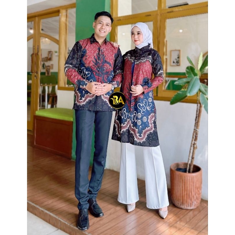 BYAN Batik Couple Lapis Terbaru Kemeja Batik Pria Lengan Panjang Dan Atasan Tunik Batik Asli Katun H