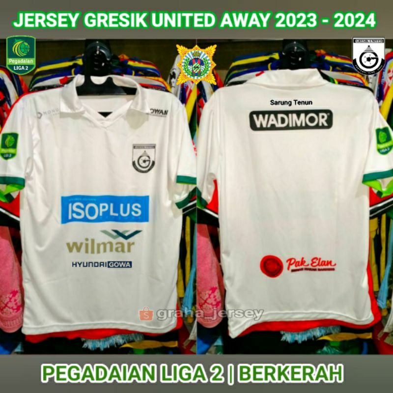 Jersey GRESIK UNITED FC Away 2023 - 2024 Pegadaian Liga 2 Putih Kerah PRINTING Lokal
