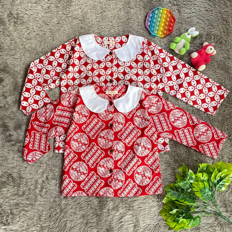 ATASAN KEMEJA PEREMPUAN BLUS BATIK KAWUNGAN JAGAD MERAH PUTIH BENDERA BAHAN KATUN MURAH