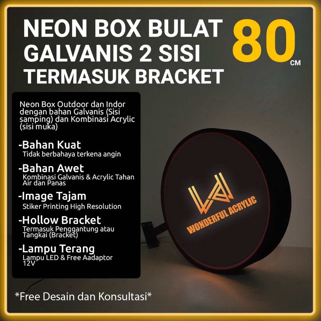 Neon Box Bulat Ukuran 80cm 2 Sisi Termasuk Bracket