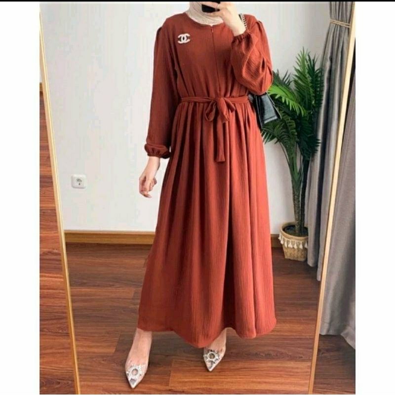 Dress wanita polos bahan crinkle, dress tangan balon