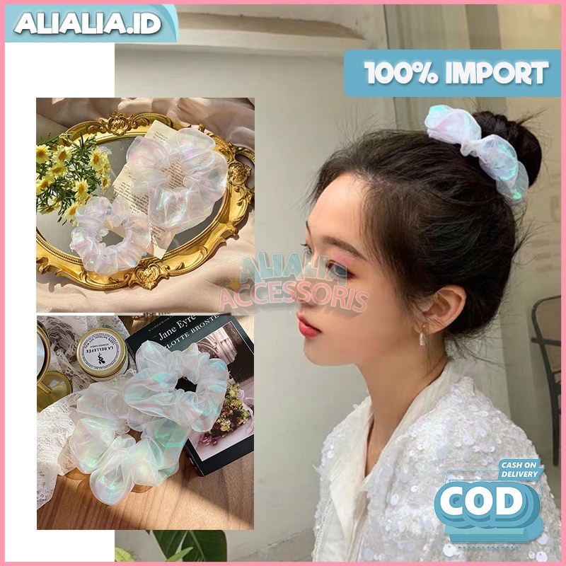 Ikat Rambut Korea Scrunchie Perempuan Motif Glitter Berjaring Aksesoris Hiasan Rambut Trendy
