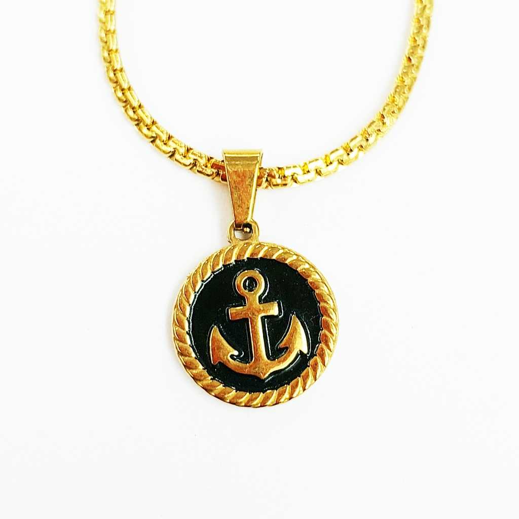 KALUNG RANTAI  GEPENG GOLD DENGAN LEONTIN JANGKAR BOLAT WARNA HITAM, BESI PUTIH ASLI AMBON
