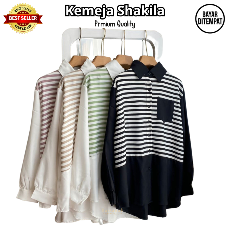 Kemeja Shakila Stripe Combi Shirt Premium Quality - Kemeja Wanita