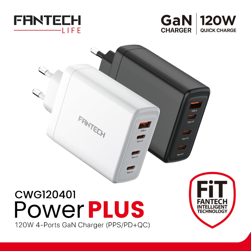Fantech Charger GAN CWG120401 Charger POWERPLUS GAN 120W PD Fast Charging & Desain Compact