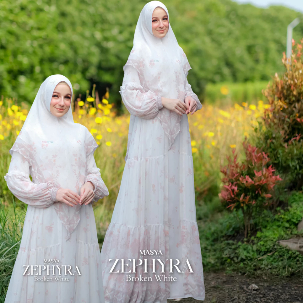 Set Gamis Dress Ceruty Babydoll Printing Premium Syari Warna Putih Broken White Mewah Masya Syari Original Terbaru Zephyra MADENIA SYARI By MASYA