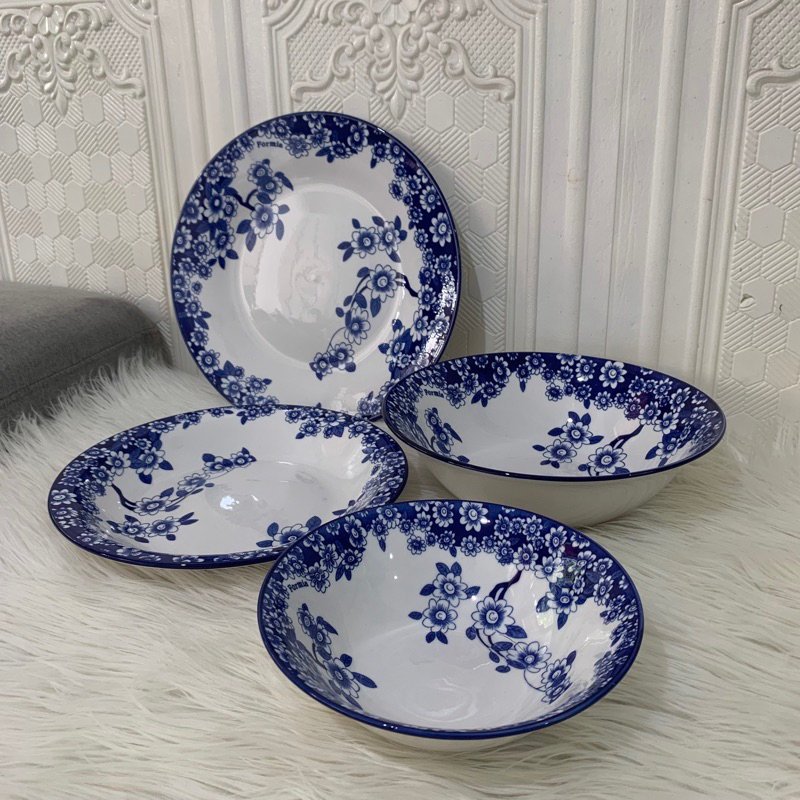 dinner set biru putih bunga