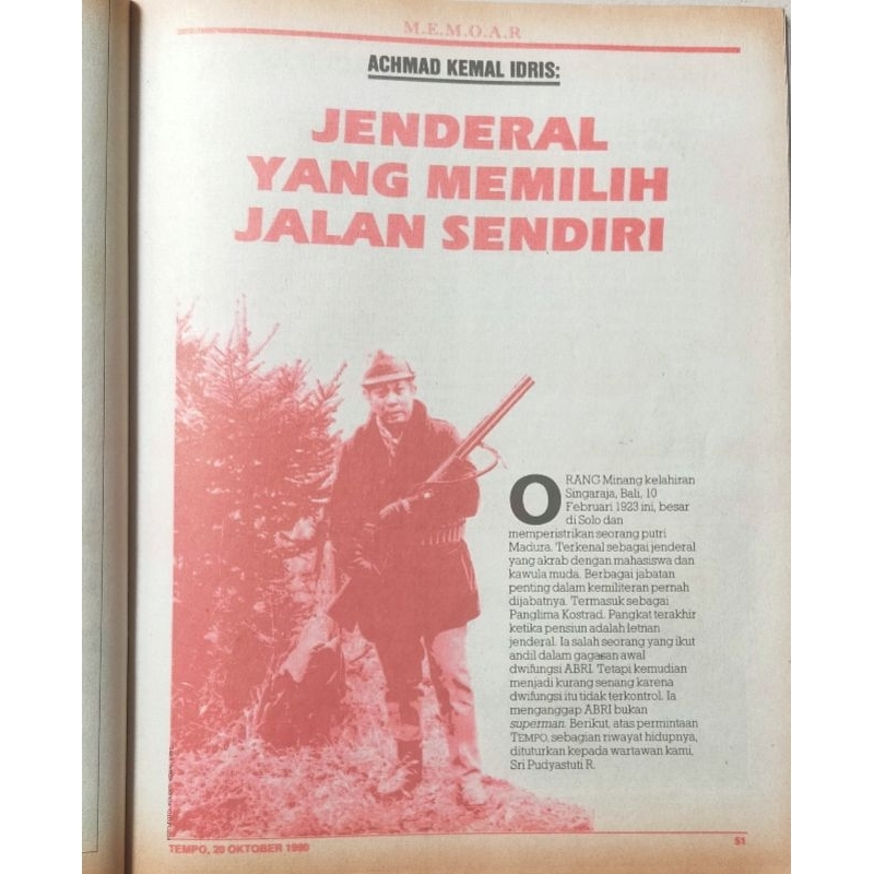 Majalah Tempo 20 Oktober 1990 - Memoar : Letjen TNI (Purn) Kemal Idris