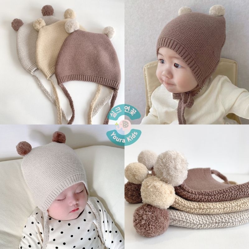 3bln - 3thn | Topi BONNET Rajut Bayi Newborn Batita-POM POM BALL-Unisex-Model Korea