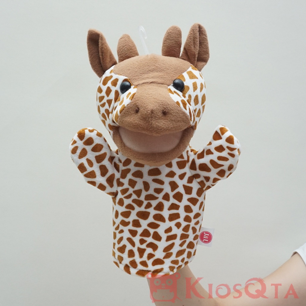 boneka tangan jerapah coklat mulut buka tutup