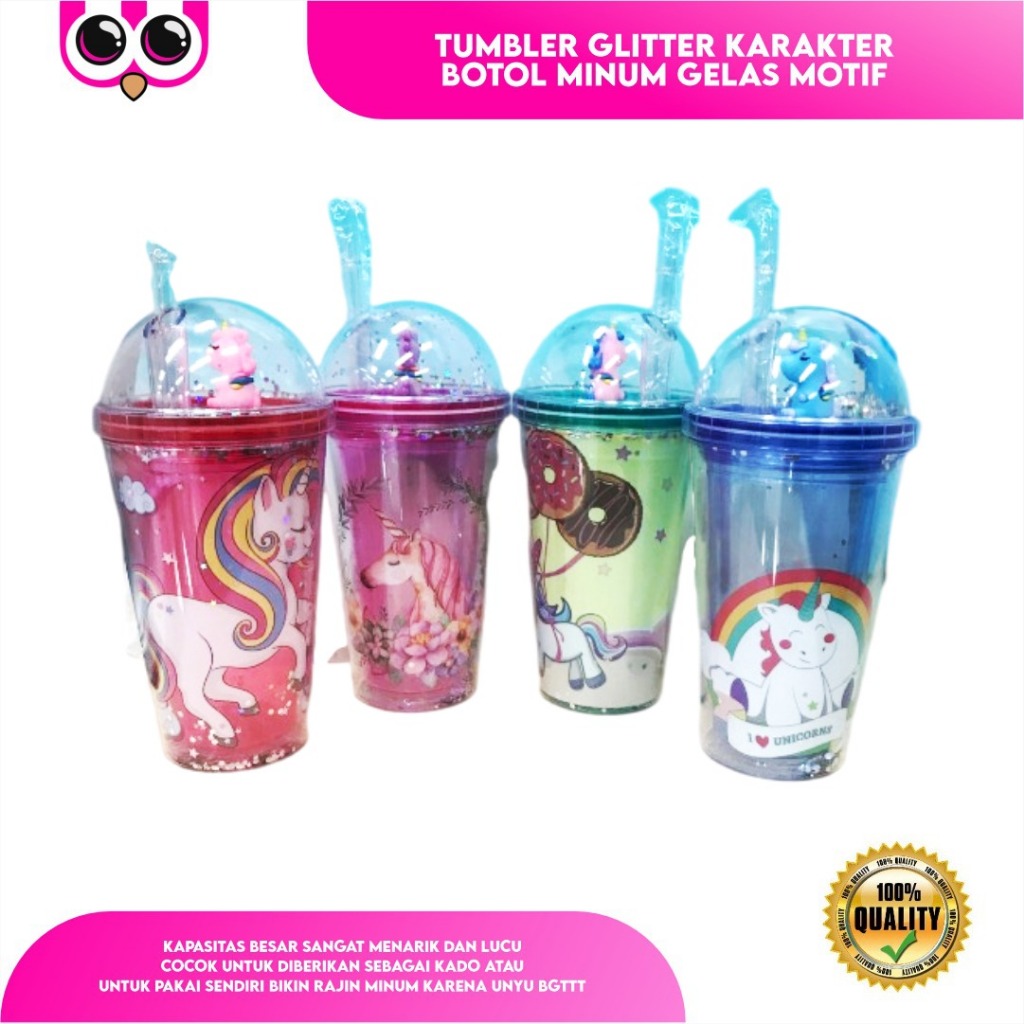 TUMBLER GLITTER KARAKTER BOTOL MINUM GELAS MOTIF