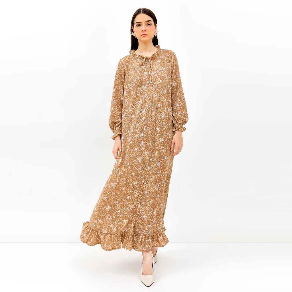 SIMPLICITY Flower Stroke Frill Hem Maxi Dress - Brown / Dress panjang maxi lebaran wanita 2024 kekin