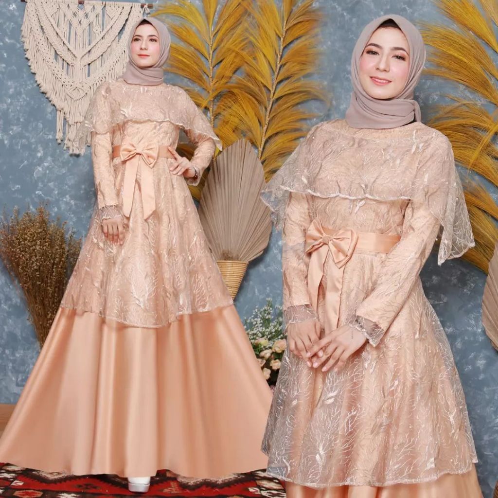 Gratis Ongkir - Baju gamis brukat full lengan panjang terbaru - Gaun pesta wanita - Gamis brukat mew