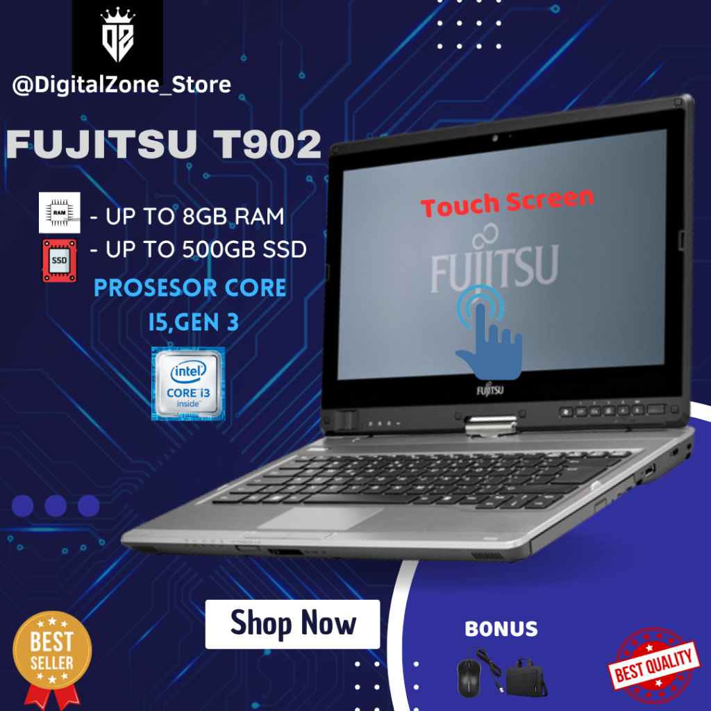 Laptop Fujitsu LIFEBOOK T902 Touchscreen Tablet PC Hibrida (2-in-1) (13.3") Layar sentuh HD, BERGARANSI DAN BERKUALITAS.