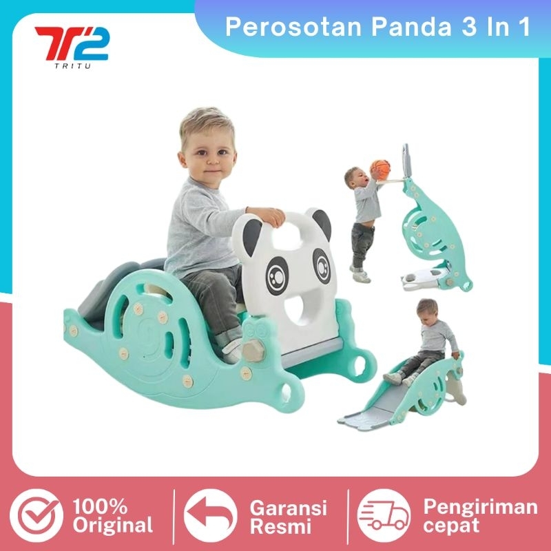 Perosotan Anak Motif Panda Seluncuran Lengkap Kursi Goyang Jungkat-jungkit & Mainan Ring Basket Anak