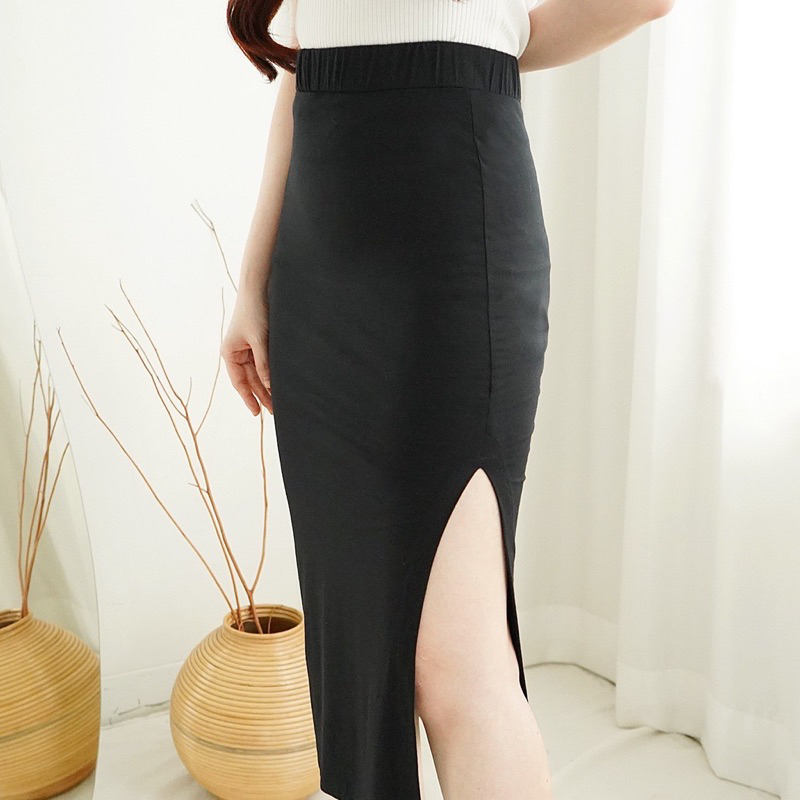 ROK SKIRT KOREAN STYLE BELAH SAMPING- SKIRT SPAN ROK HITAM PANJANG
