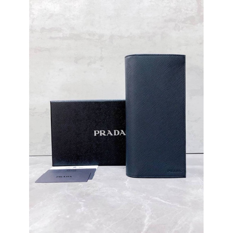 Prada Saffiano Long Bifold Wallet Navy Blue