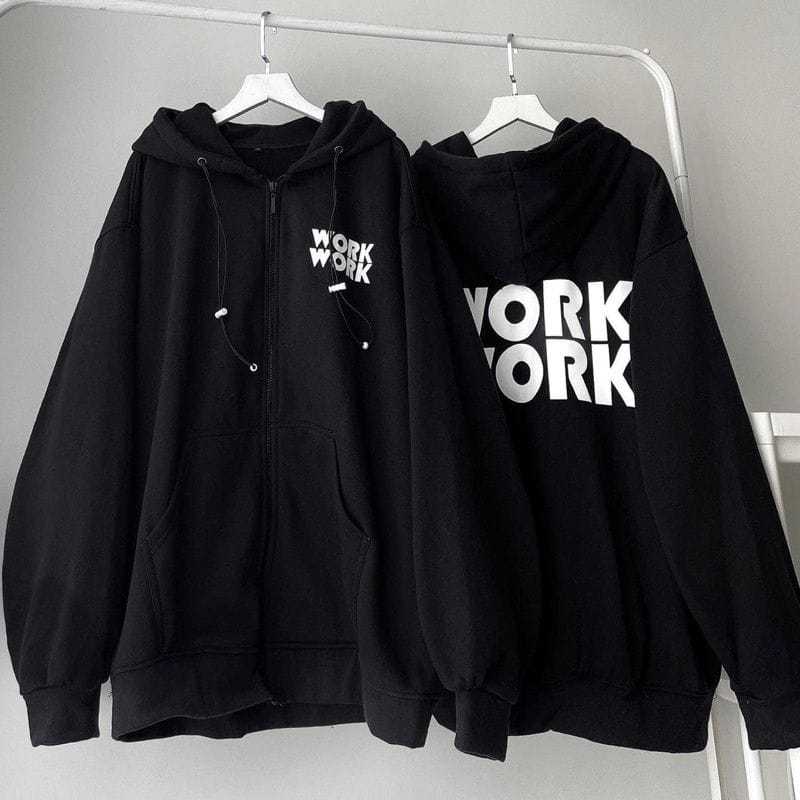 WORK SWEATER ZIPPER- JAKET UNISEKS OVERSIZE - JACKET HOODIE PRIA STREET STYLE WARNA HITAM