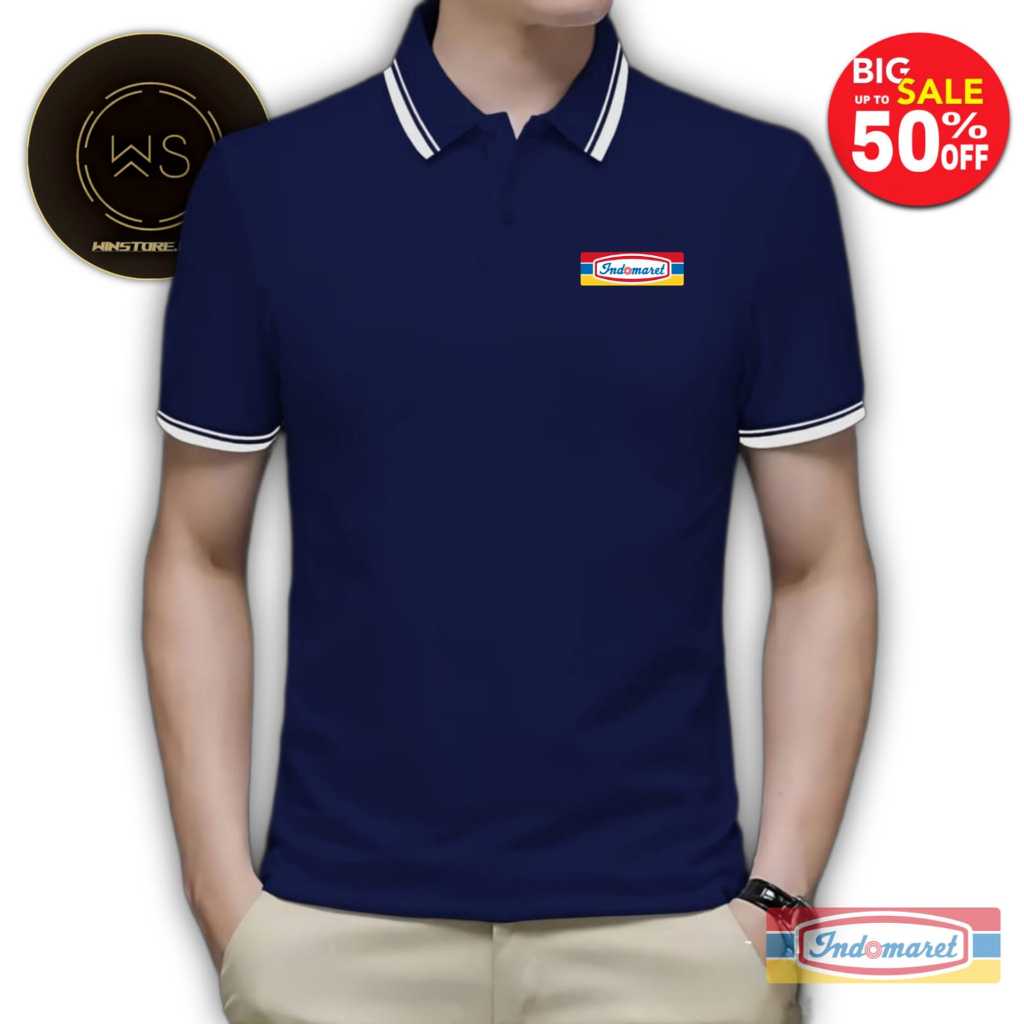 Kaos t-shirt polo 2 LIS Motif INDOMARET DTF  pria polos ukuran M , L , XL , XXL  Baju berkerah