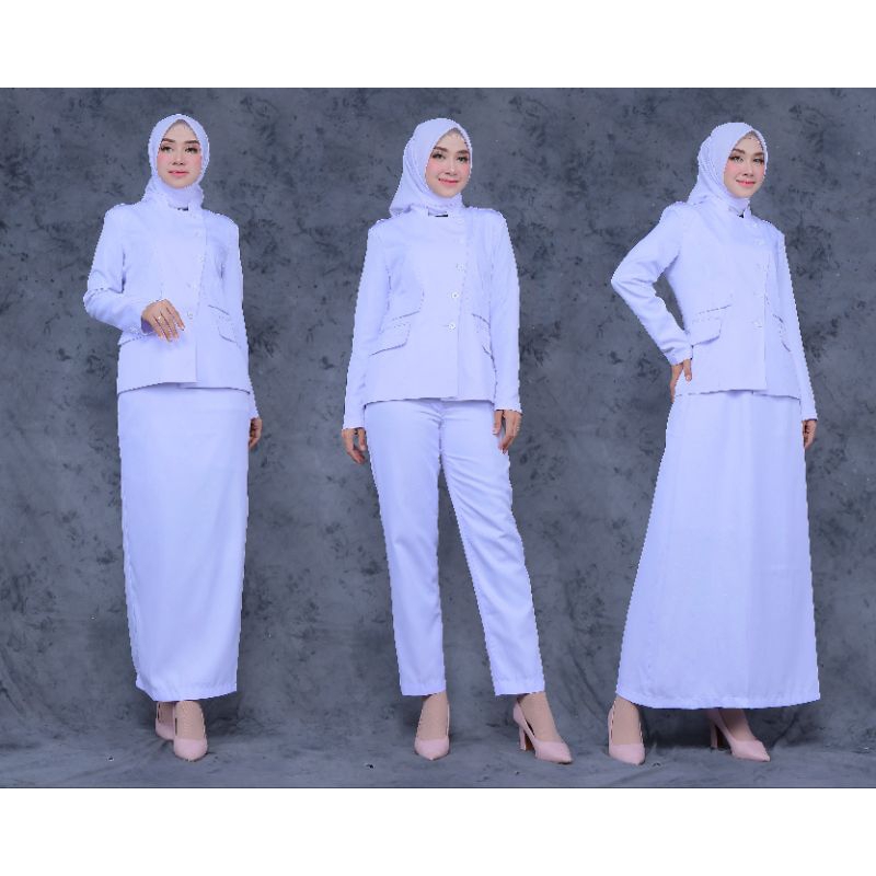 SERAGAM  PERAWAT PUTIH KANTONG DOUBLE SET ROK A PUTIH  / SET CELANA PUTIH/ SET ROK SPAN PUTIH BAHAN  KATUN  FREE. HIJAB