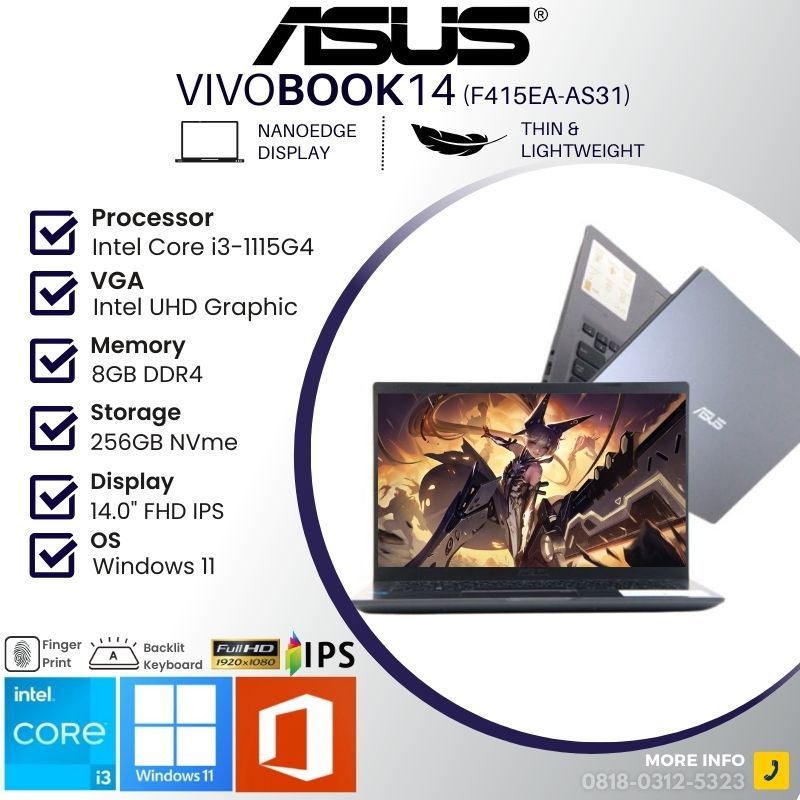 ASUS VIVOBOOK F415EA-AS31 I3 1115G4 8GB 256GB W11 14.0 FHD IPS BLIT GREY