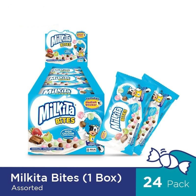 

Milkita Bites 25gr (1 Box 24 Packs) - Krispi di Luar, Chewy di Dalam - Permen Susu Tinggi Kalsium Cokelat, Stoberi, dan Melon Juaranya Permen Permen Susu Permen Rasa Susu Milkita