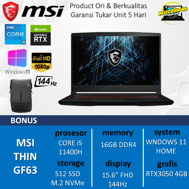Msi GF63 RTX3050 i5 11400H 16GB 512SSD WIN11 15inc